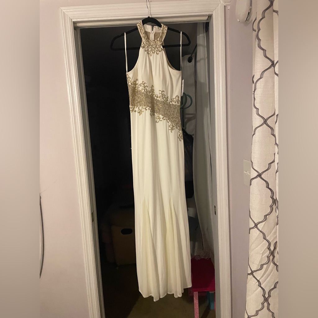 Cachet- New Off White Formal Dress With Gold Accents